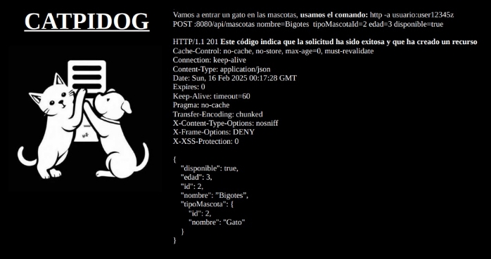 Una imagen de un gato y un perro alrededor de un documento y a su derecha una request POST a la API